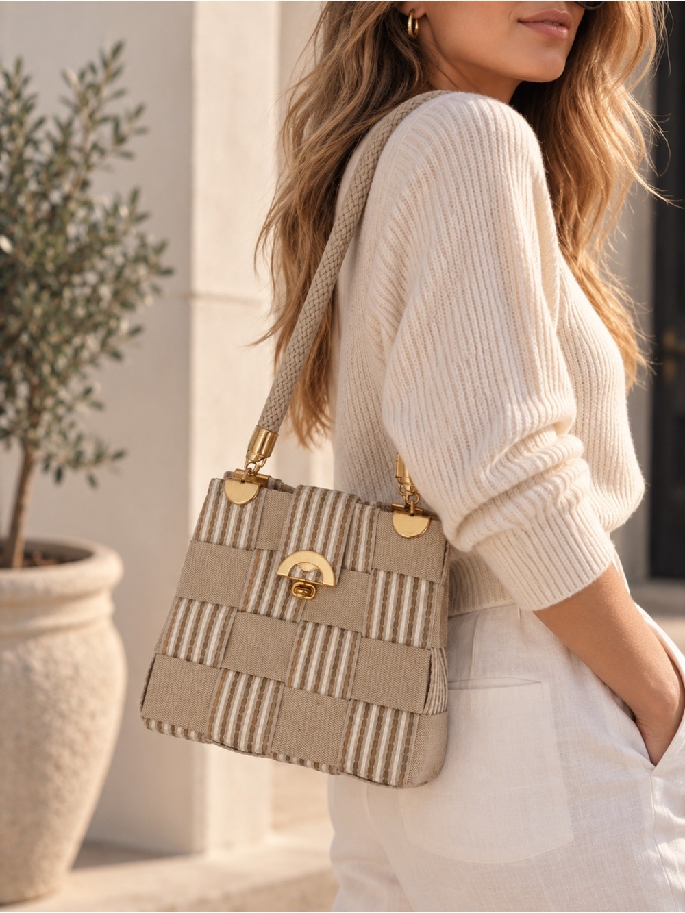 Vintage Woven Straw Raffia Handbag with Gold Hardware Made in Italy
